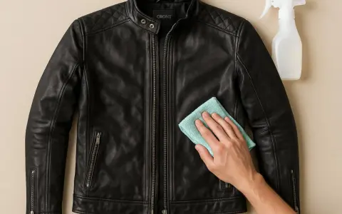 Schwarze Lederjacke reinigen mit einem Tuch und Sprühflasche. Pflegen Sie Ihre Lederjacke für lange Haltbarkeit.