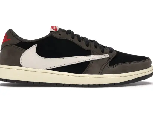 Travis Scott Mocha Sneaker mit weißem Swoosh und cremefarbener Sohle.