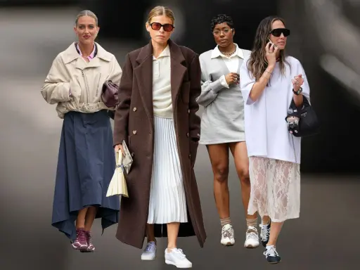 Vier Frauen präsentieren modische Outfits, bei denen **Sneaker zum Kleid** kombiniert werden. Von lässig bis elegant – ein Trend für jeden Stil.
