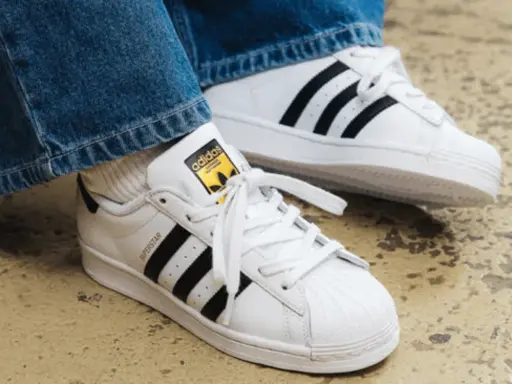 Weiße Adidas Superstar Sneaker mit schwarzen Streifen und gelbem Logo. Perfekt, um das Adidas modell herausfinden.