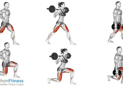 Männer und Frauen führen split squats mit Langhantel und Kurzhanteln aus. Muskeln werden hervorgehoben.