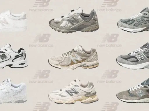 Neun Sneaker-Modelle von New Balance zeigen die Vielfalt und Unterschiede ihrer Designs, von Retro- bis zu modernen Laufschuhen.