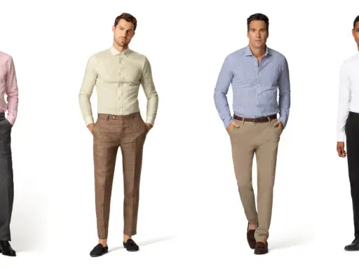 Vier Männer zeigen, was bedeutet smart casual: Hemden mit Anzughosen in verschiedenen Farben und Mustern.