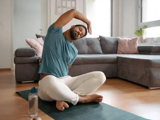 Mann macht Dehnen am Morgen auf einer Matte im Wohnzimmer. Er sitzt im Schneidersitz und beugt sich zur Seite.
