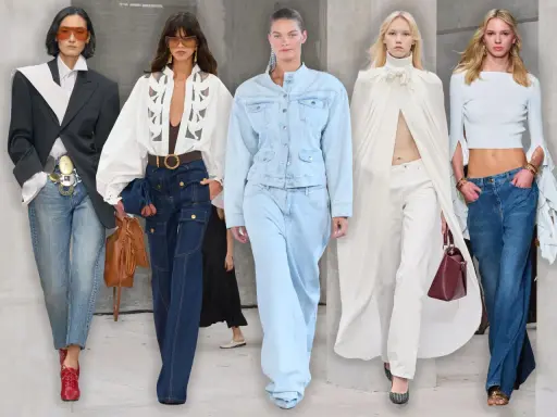 Modelle präsentieren verschiedene Styles, welche Jeans sind im Trend: weite Schnitte, Cargo-Jeans und helle Waschungen.