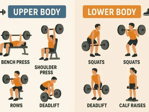 Illustration zeigt Übungen für Ober- und Unterkörper. Wie oft Sport in der Woche hängt vom Trainingsplan ab.