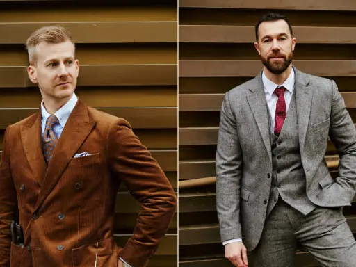 Zwei Männer in eleganten Anzügen. Links ein Mann im braunen Cord-Sakko mit breitem Anzug Revers, rechts ein Mann im grauen Tweed-Anzug mit Weste.