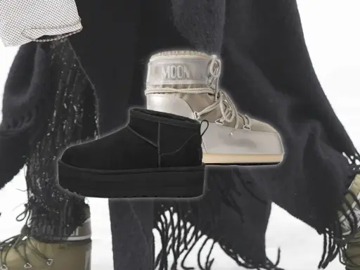 Schwarze Plateau-Stiefel und beige Moon Boots im Fokus. Diese Winterschuhe sind ein echter Trend für kalte Tage.