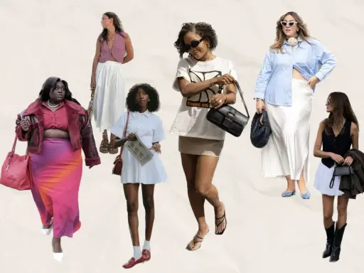 Sechs Frauen präsentieren verschiedene Outfits mit Röcken und passenden Schuhen. Von eleganten Pumps bis zu lässigen Sandalen – die Auswahl an Schuhe zum Rock ist vielfältig.