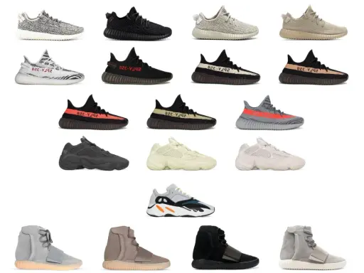 Eine Sammlung von all yeezy models in verschiedenen Farben und Stilen, von Boost 350 bis zu den klobigeren Modellen.