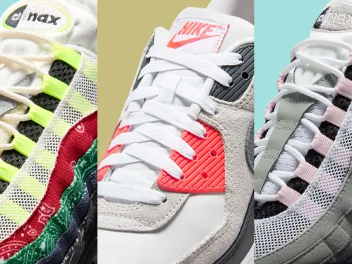 Drei verschiedene Nike Air Max Modelle im Detail. Ein bunter Paisley-Print trifft auf Neon-Akzente, ein weiterer Schuh zeigt leuchtendes Korallenrot und der dritte Sneaker besticht durch zarte Rosa-Details. Ein aufregender Air Max Release!