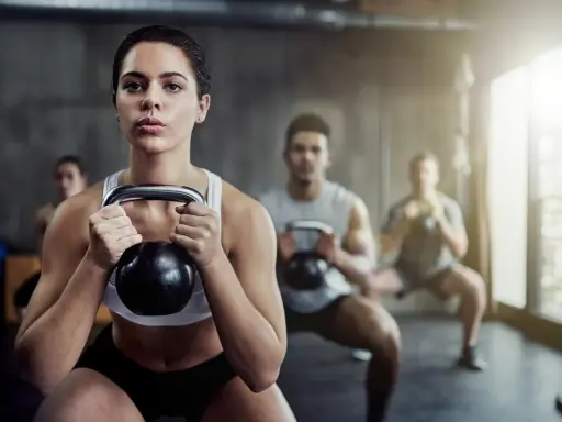 Frau führt Kettlebell-Squats aus, Teil einer intensiven Metcon-Trainingseinheit mit anderen Trainierenden im Hintergrund.