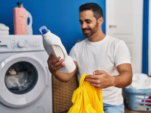 Mann hält Waschmittel und ein gelbes Trikot bereit, um die Wäsche zu waschen.