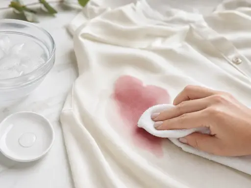 Hand tupft mit weißem Tuch auf rotweinflecken, um sie zu entfernen. Eiswasser und Reiniger liegen bereit.
