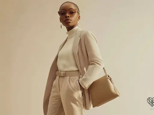 Eine Frau in einem eleganten Outfit: beige Hose, cremefarbener Rollkragenpullover und ein karierter Blazer. Perfekt, um beige Hose zu kombinieren.