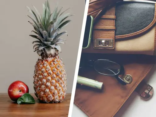 Ananas und ein Apfel auf einem Tisch, daneben eine Tasche mit Brille und Lippenstift. Veganes Leder, woraus besteht es?
