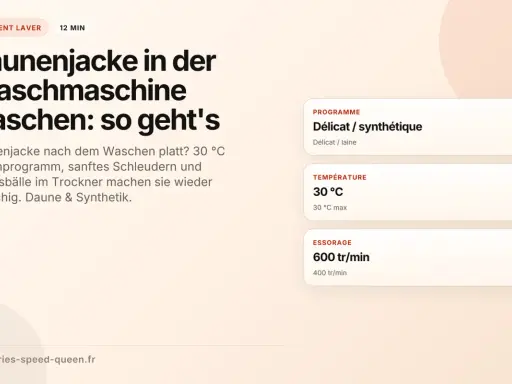 Anleitung: Daunenjacke in der Waschmaschine waschen ohne Trockner. Schonprogramm, 30°C, sanftes Schleudern.