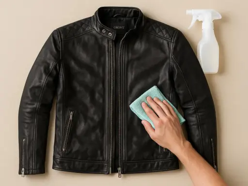 Schwarze Lederjacke reinigen mit einem Tuch und Sprühflasche. Pflegen Sie Ihre Lederjacke für lange Haltbarkeit.