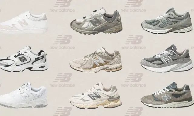 Neun Sneaker-Modelle von New Balance zeigen die Vielfalt und Unterschiede ihrer Designs, von Retro- bis zu modernen Laufschuhen.