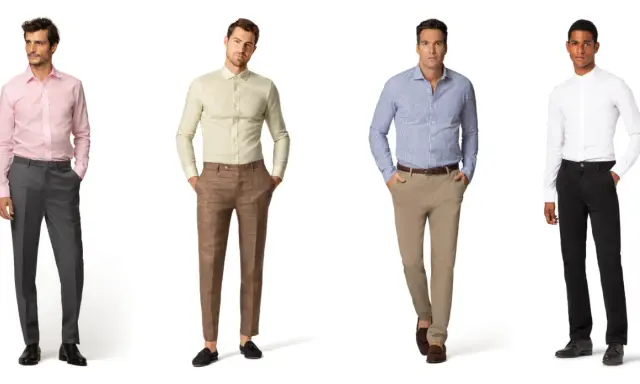 Vier Männer zeigen, was bedeutet smart casual: Hemden mit Anzughosen in verschiedenen Farben und Mustern.