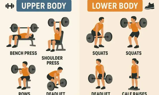 Illustration zeigt Übungen für Ober- und Unterkörper. Wie oft Sport in der Woche hängt vom Trainingsplan ab.