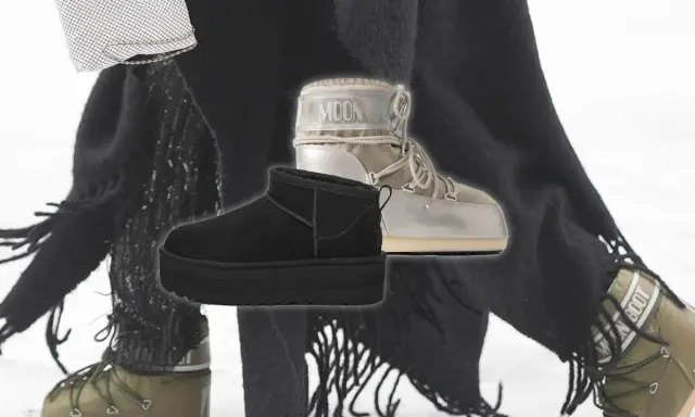 Schwarze Plateau-Stiefel und beige Moon Boots im Fokus. Diese Winterschuhe sind ein echter Trend für kalte Tage.
