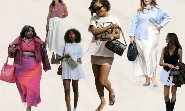 Sechs Frauen präsentieren verschiedene Outfits mit Röcken und passenden Schuhen. Von eleganten Pumps bis zu lässigen Sandalen – die Auswahl an Schuhe zum Rock ist vielfältig.
