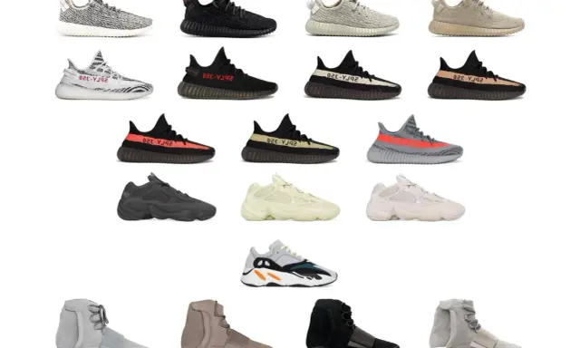 Eine Sammlung von all yeezy models in verschiedenen Farben und Stilen, von Boost 350 bis zu den klobigeren Modellen.