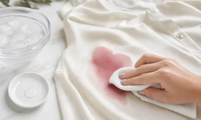 Hand tupft mit weißem Tuch auf rotweinflecken, um sie zu entfernen. Eiswasser und Reiniger liegen bereit.