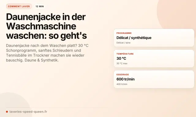 Anleitung: Daunenjacke in der Waschmaschine waschen ohne Trockner. Schonprogramm, 30°C, sanftes Schleudern.