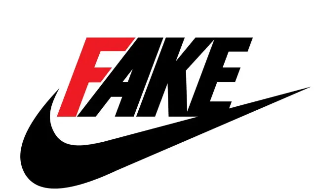 Das Wort "FAKE" in Rot und Schwarz über dem bekannten Nike-Swoosh.