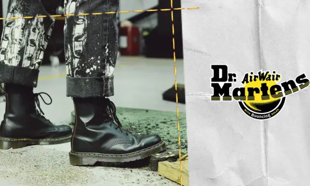 Dr. Martens Stiefel mit auffälliger Hose, die die Qualität und die Dr. Martens Garantie unterstreichen.