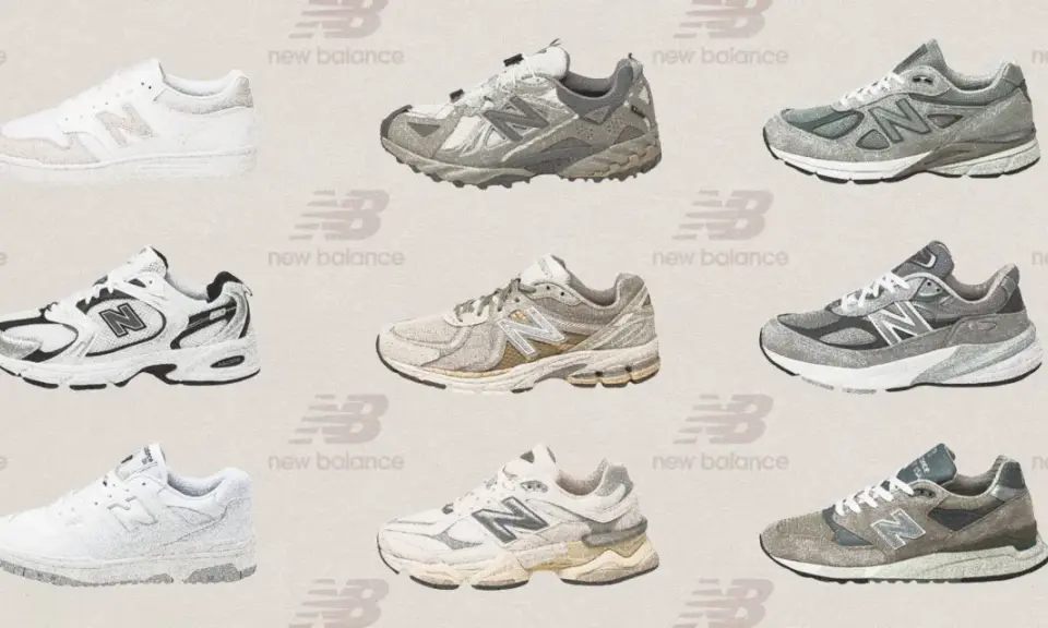 Neun Sneaker-Modelle von New Balance zeigen die Vielfalt und Unterschiede ihrer Designs, von Retro- bis zu modernen Laufschuhen.