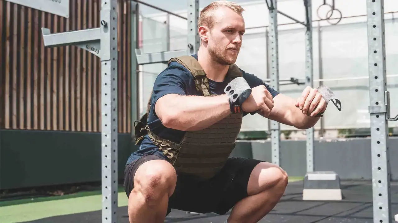 Ein Mann mit Gewichtsweste macht einen Squat. Er bereitet sich auf die Murph Challenge vor, indem er seine Hände schützt.
