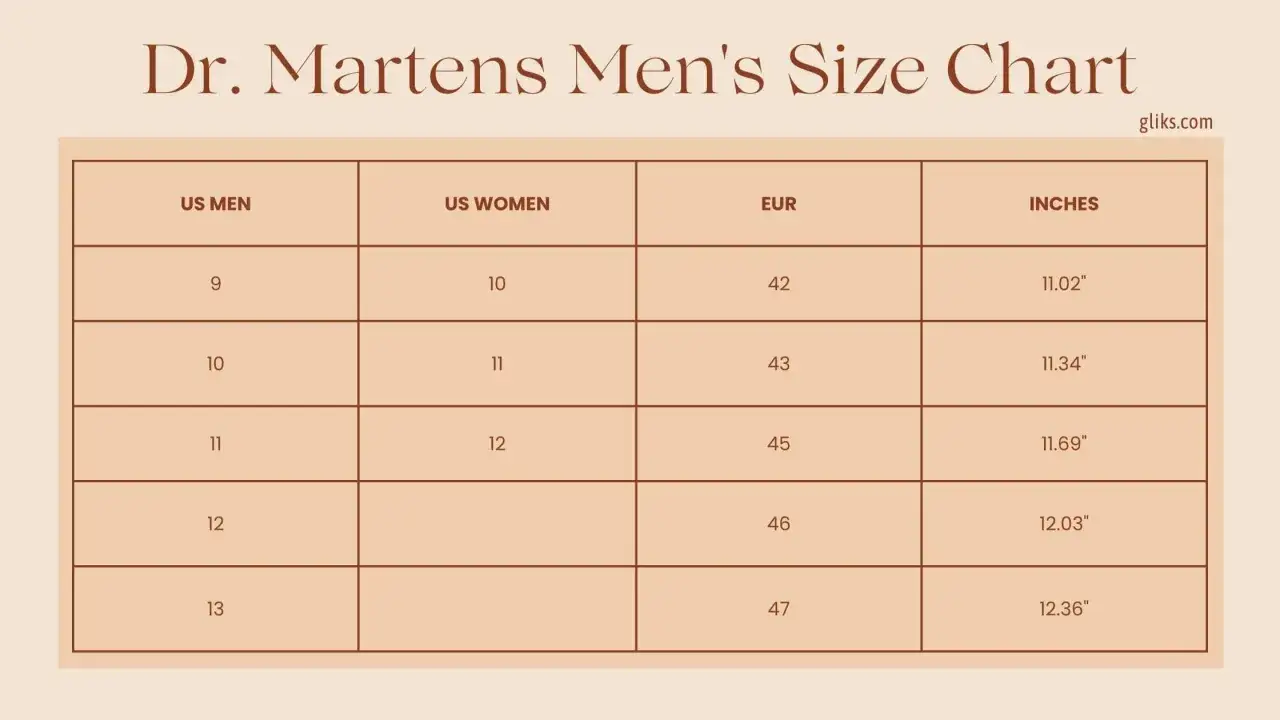 Größentabelle für Dr. Martens Herrenschuhe: So fallen sie aus. Vergleiche US-Herren-, US-Damen-, EU- und Zoll-Größen.