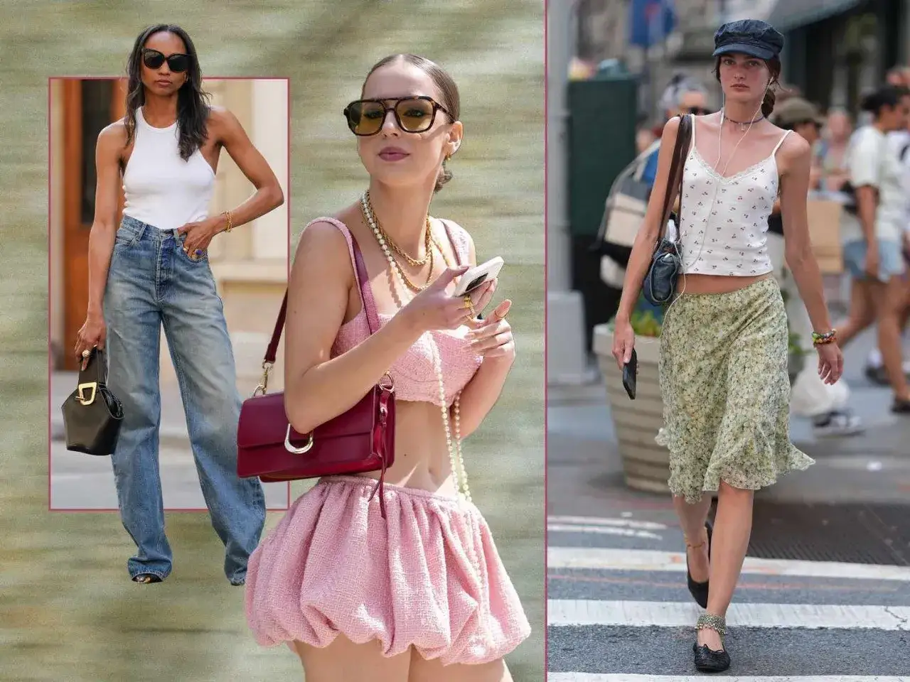 Drei Frauen zeigen typisch 2000er Mode: Jeans mit weitem Bein, bauchfreie Tops und verspielte Röcke.
