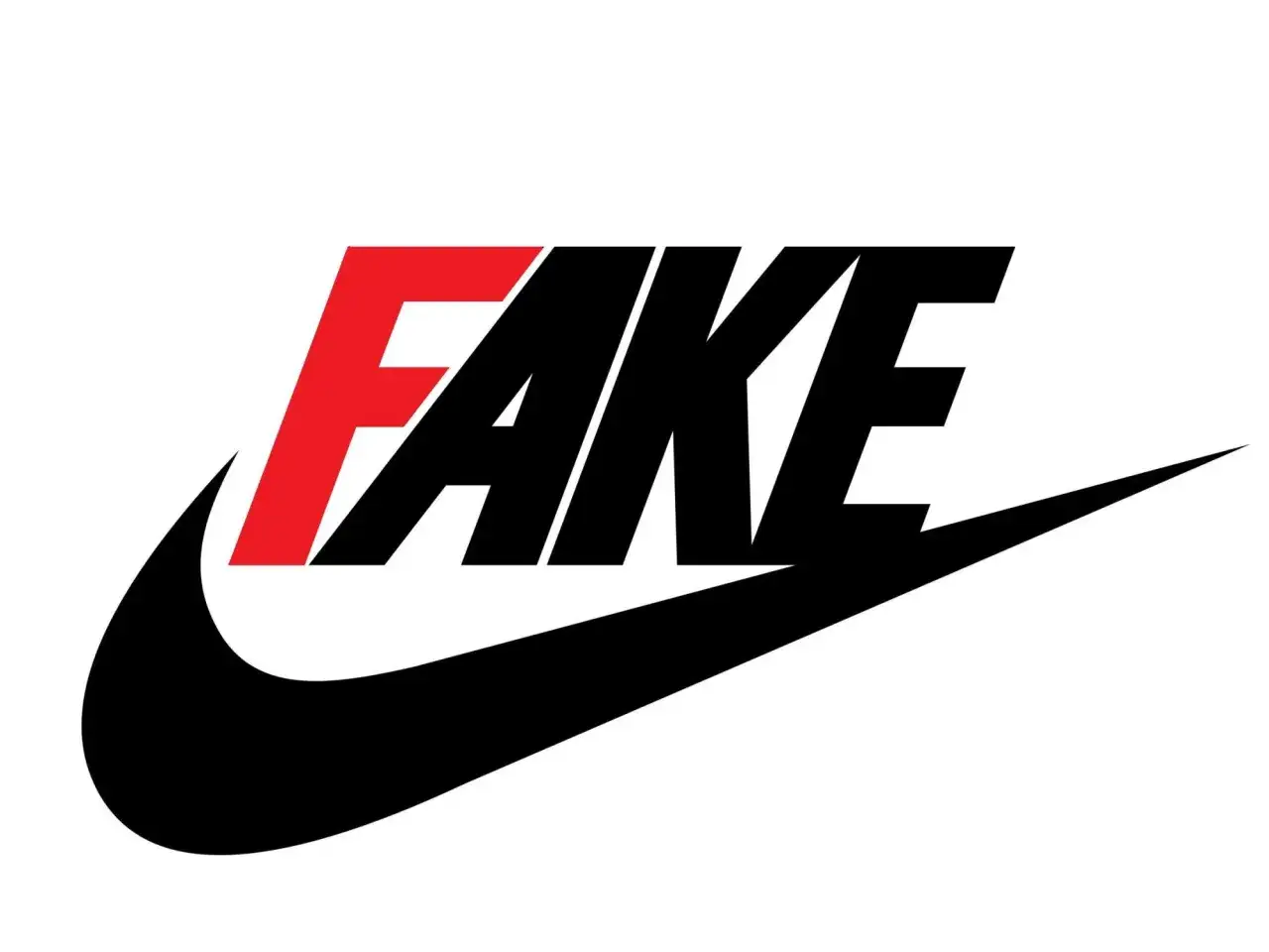 Das Wort FAKE in Rot und Schwarz, über dem bekannten Nike-Swoosh. Ein klares Zeichen für ein gefälschtes Logo.