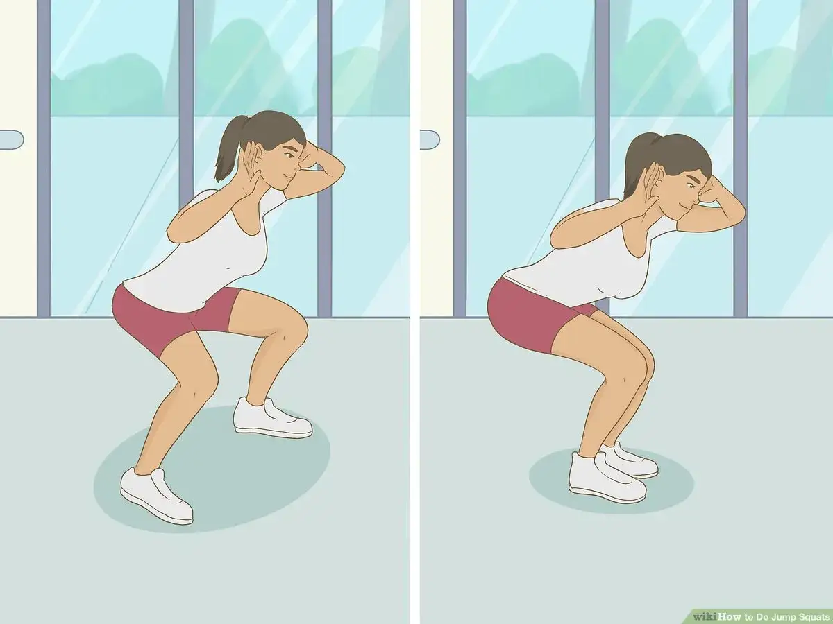 Frau in Sportkleidung macht eine tiefe Hocke, bereit für jumping squats.