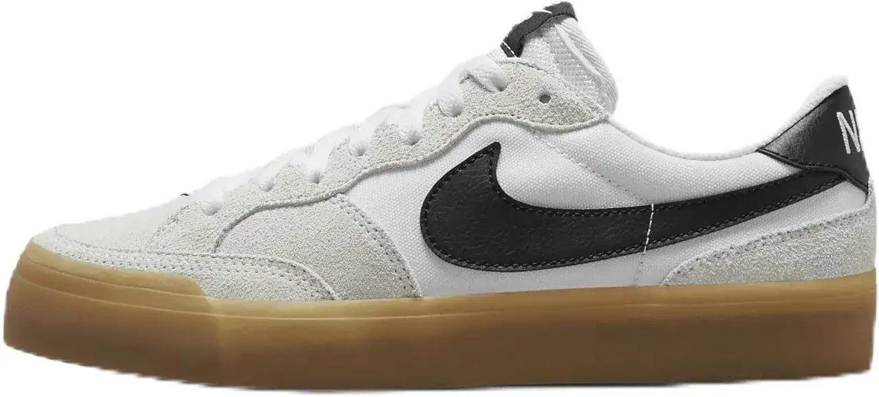 Weißer Nike SB Sneaker mit schwarzem Swoosh und Gummisohle. Die Nike SB Bedeutung liegt in der Skateboarding-Kultur.