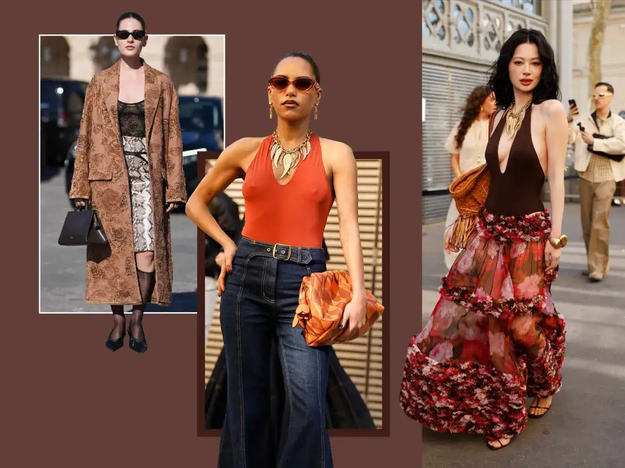 Drei Frauen in stylischen Outfits. Ein body kombinieren party-Look mit Blumenrock, ein Outfit mit Jeans und orangefarbenem Body, und ein eleganter Mantel über einem Schlangenmuster-Kleid.