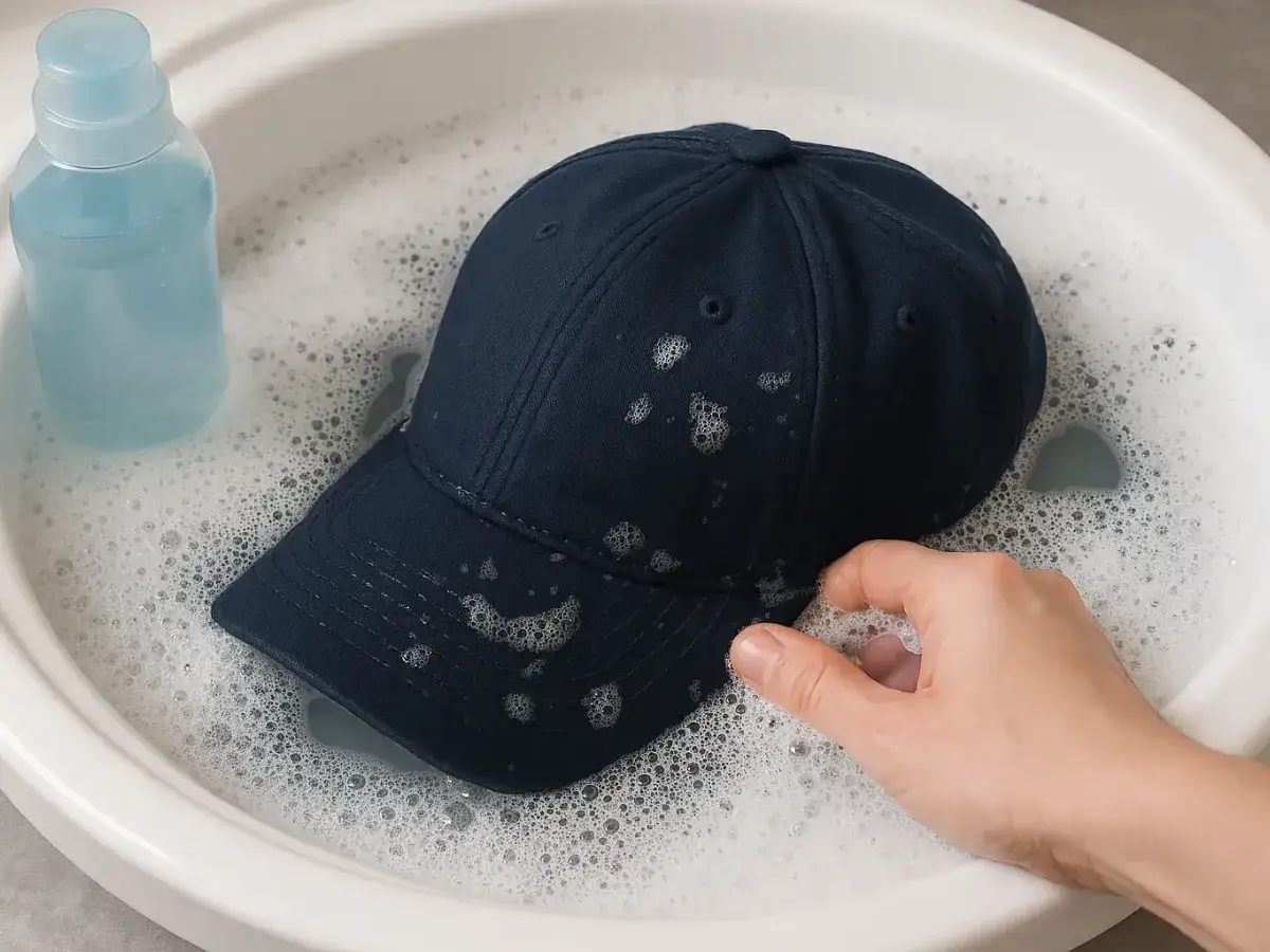 Eine Hand wäscht eine dunkelblaue Basecap in schaumigem Wasser. Daneben steht eine Flasche mit Waschmittel.