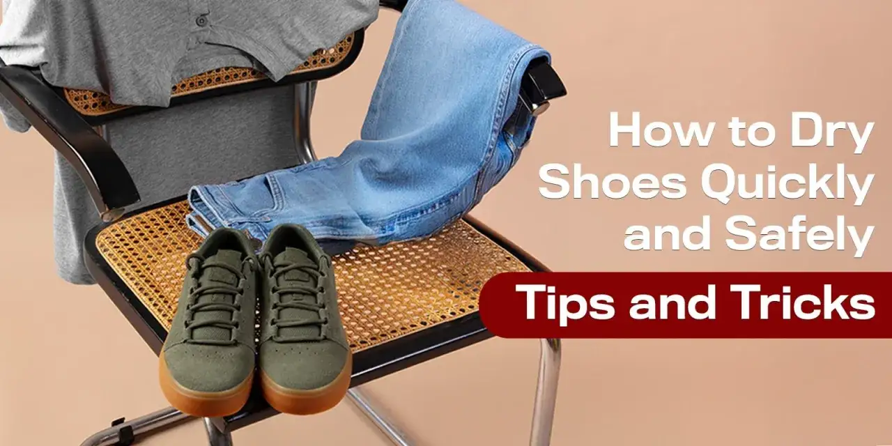 Grüne Sneaker, Jeans und ein graues T-Shirt auf einem Stuhl. Tipps, wie man Schuhe trocknen kann.