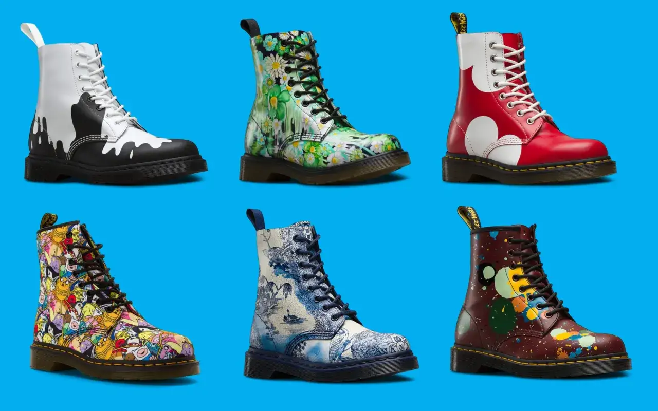 Sechs bunte Dr. Martens Stiefel, die die vielfältige Dr. Martens Geschichte mit ihren einzigartigen Designs erzählen.