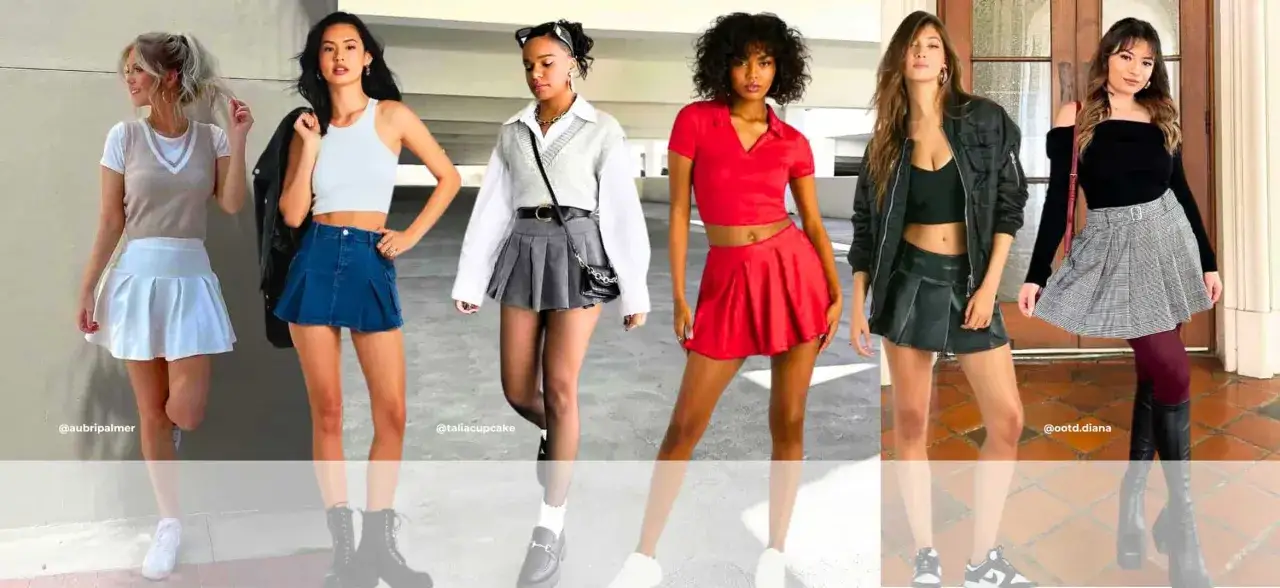 Sechs Frauen präsentieren verschiedene Outfits mit einem Oberteil zu Plisseerock. Von sportlich bis elegant ist alles dabei.