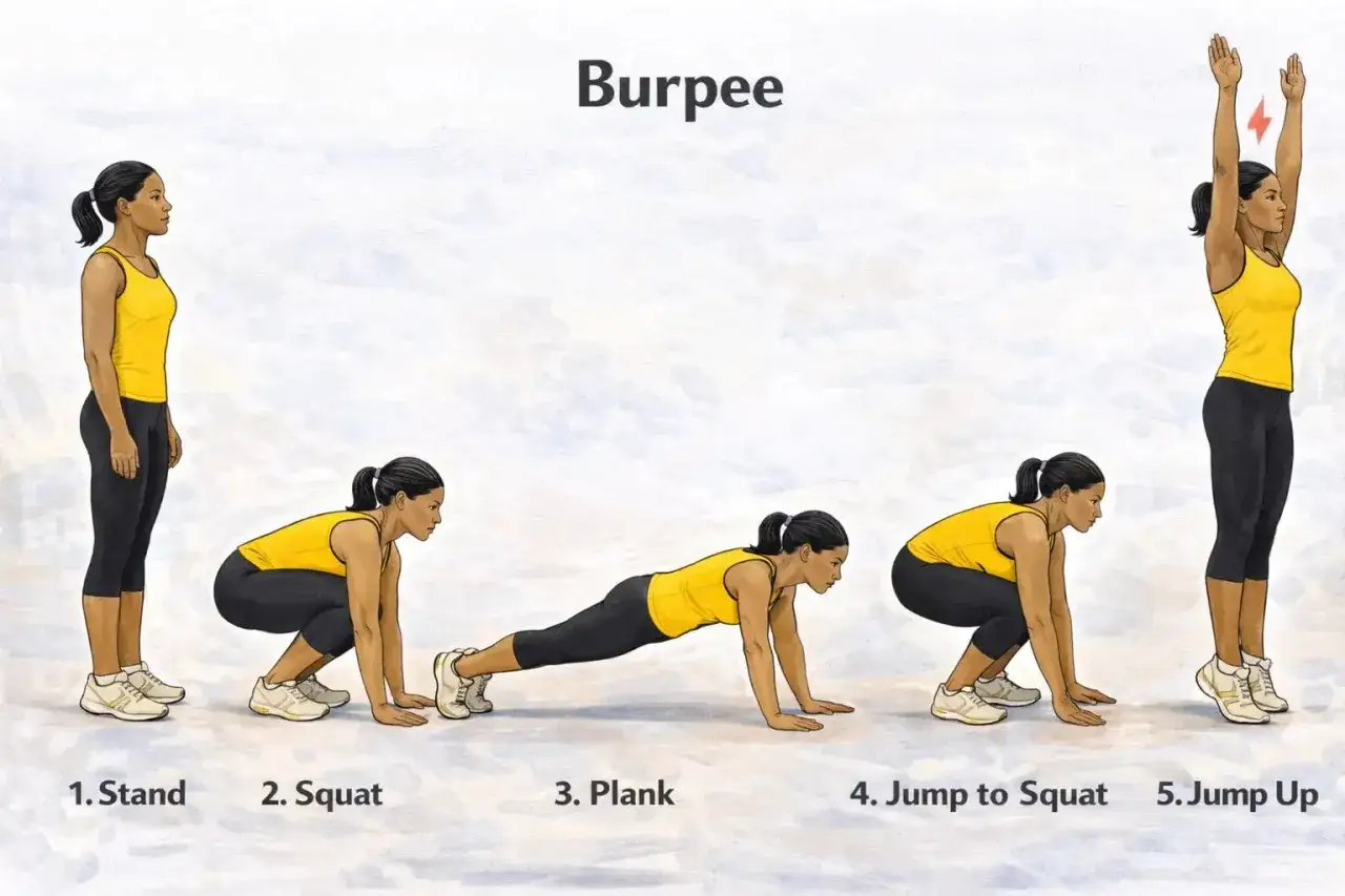 Illustration zeigt die Schritte für was sind Burpees: Stand, Hocke, Liegestütz, Hocke, Sprung.