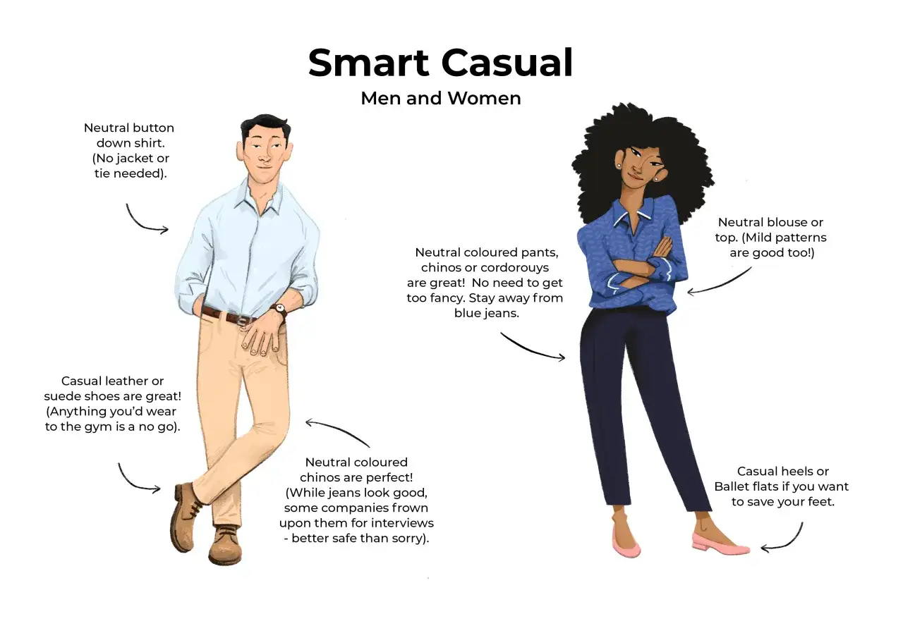 Ein Mann und eine Frau präsentieren smart casual Outfits: Hemd, Chinos, Lederschuhe für ihn; Bluse, Stoffhose, Ballerinas für sie.