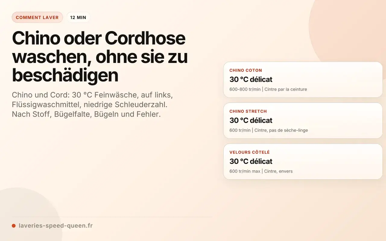 Chino und Cord schonend waschen: 30°C Feinwäsche, links, Flüssigwaschmittel, niedrige Schleuderzahl. So bleiben Bügelfalten erhalten.