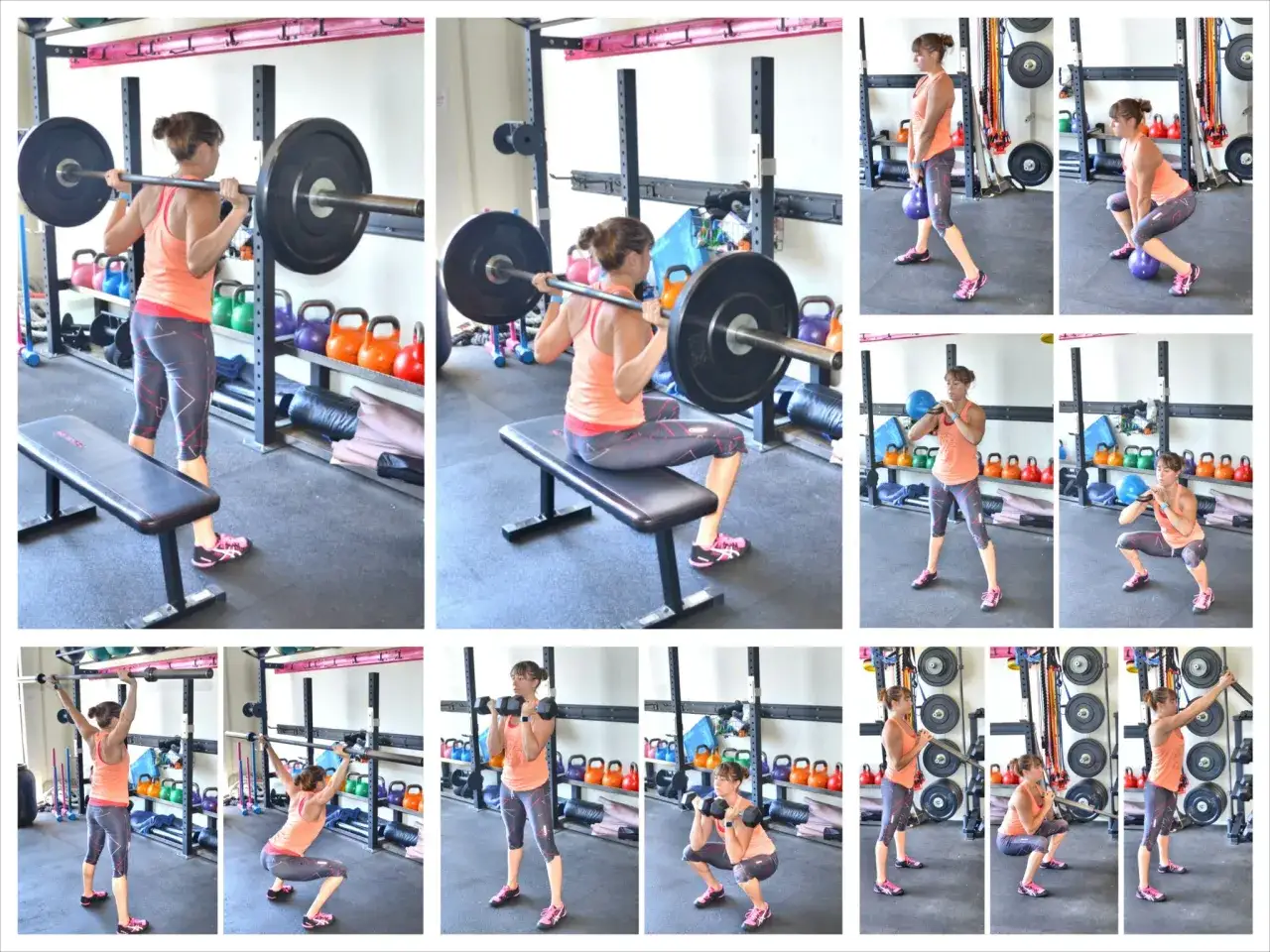 Frau zeigt verschiedene Squats-Varianten: mit Langhantel, Kettlebell und Kurzhanteln.