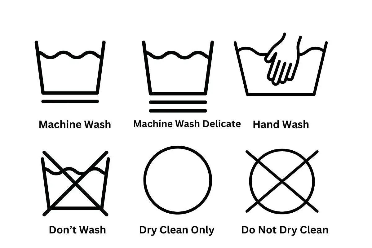 Symbole für das Waschen von Hemden: Maschinenwäsche, Schonwaschgang, Handwäsche, nicht waschen, nur chemische Reinigung, nicht chemisch reinigen.