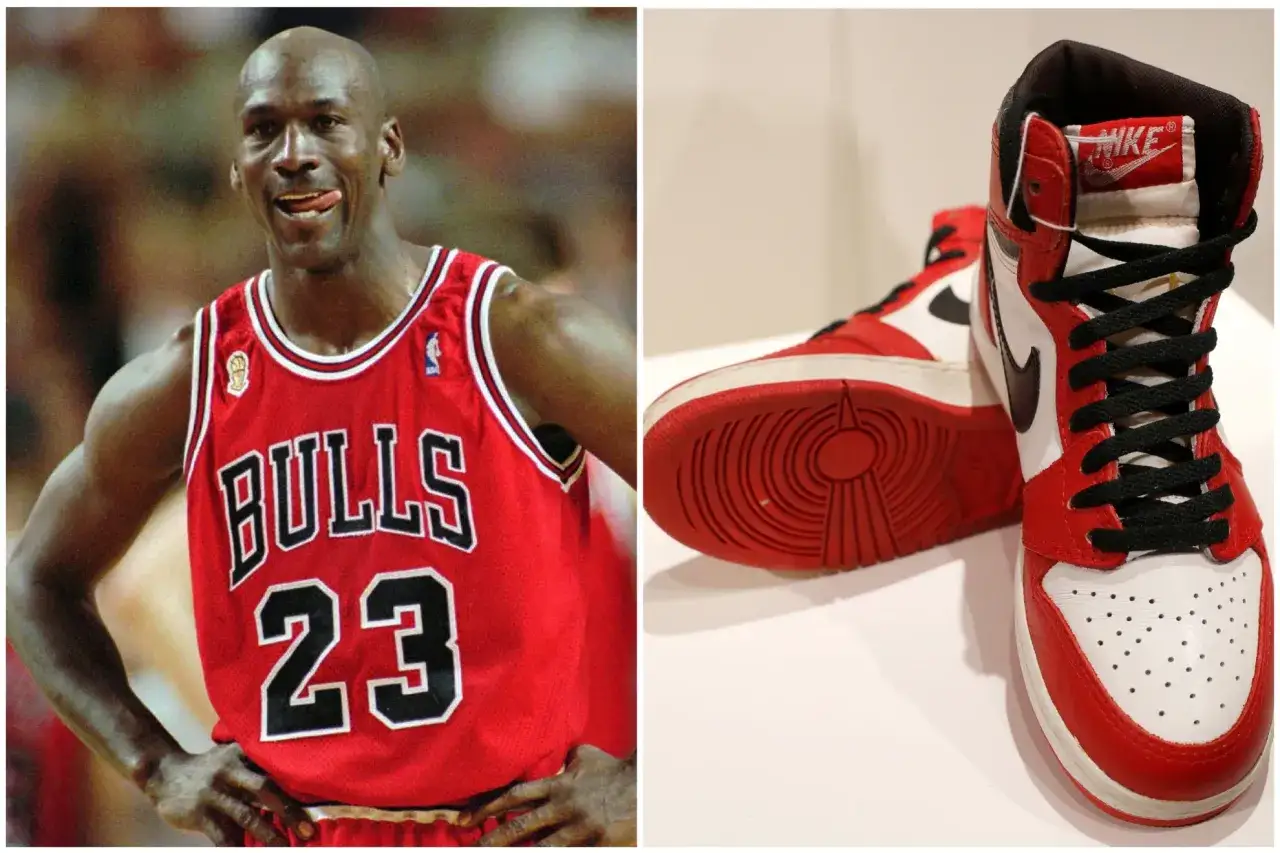Michael Jordan im Bulls-Trikot und ein Paar rote Air Jordan 1 Sneaker – ein Blick auf die Nike Air Jordan Geschichte.